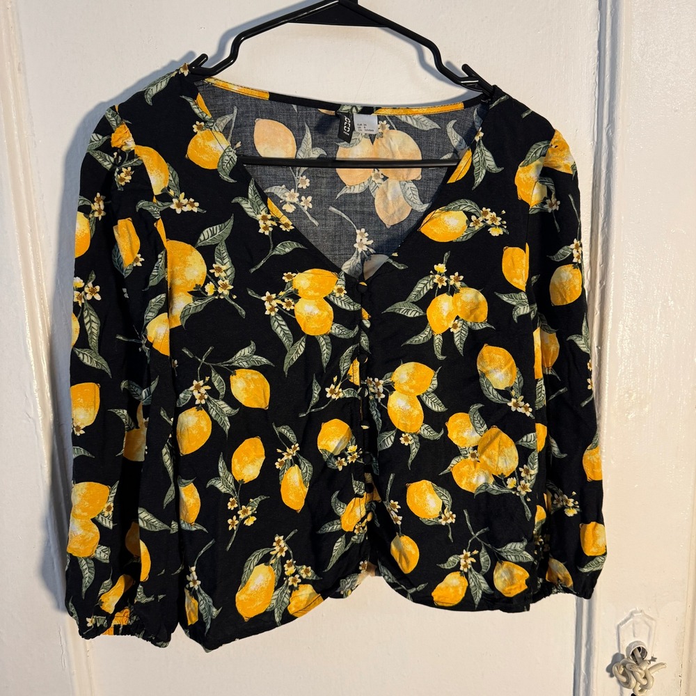 Vtg Y2K H&M Divided Lemon Citrus Crop Top Whimsical Black Yellow Sz 4 maximalist - Picture 4 of 11